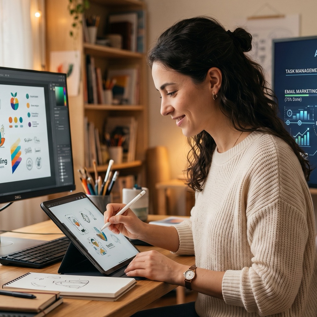 Ondernemer werkt aan creatief ontwerp terwijl AI bedrijfsprocessen automatiseert op tweede scherm