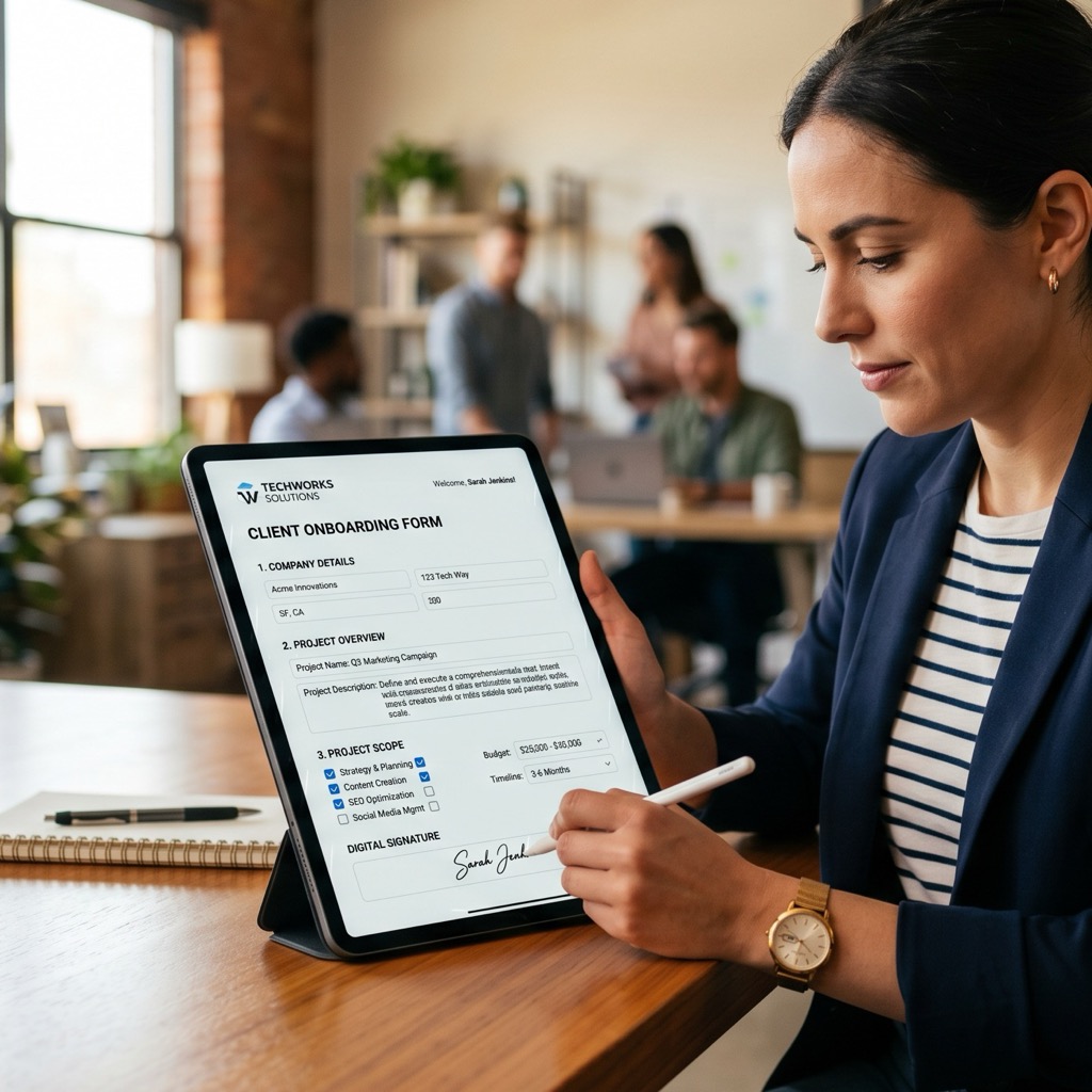 Klant ondertekent digitaal onboarding formulier met projectgegevens en wensen