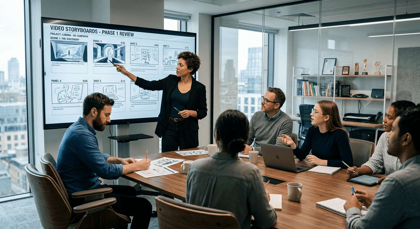 Creatief team bespreekt video storyboards in een vergaderruimte