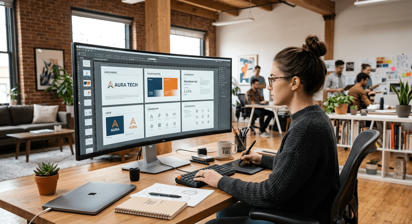 Ontwerper werkt aan brand guidelines op groot scherm in creatieve studio