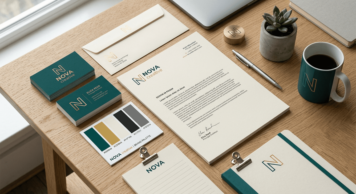 Huisstijl ontwerp met logo, visitekaartjes en kleurstalen op bureau