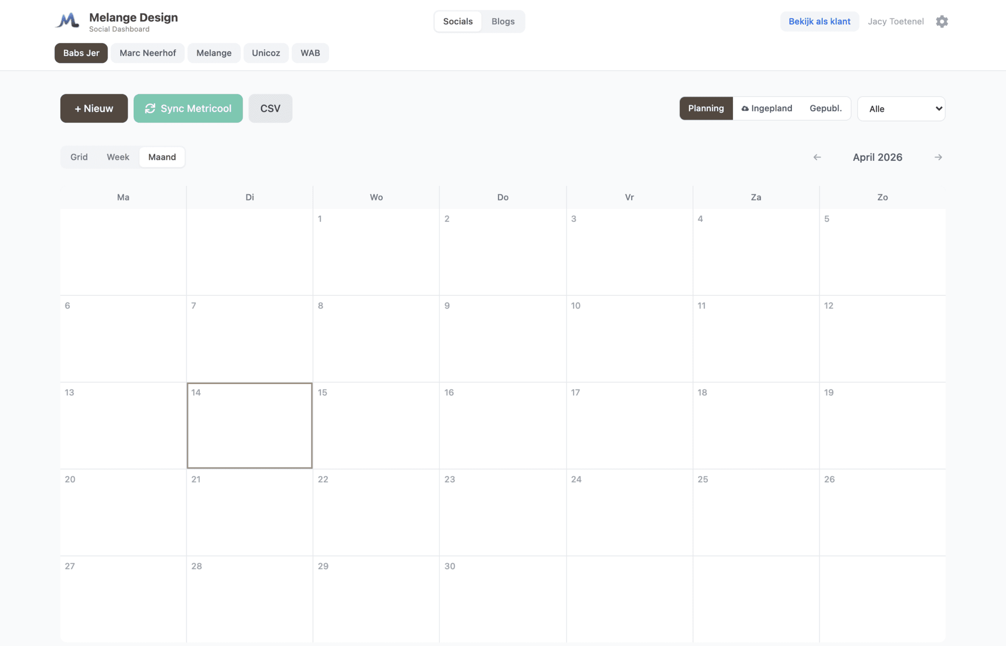 Maandkalender weergave van ingeplande social media berichten