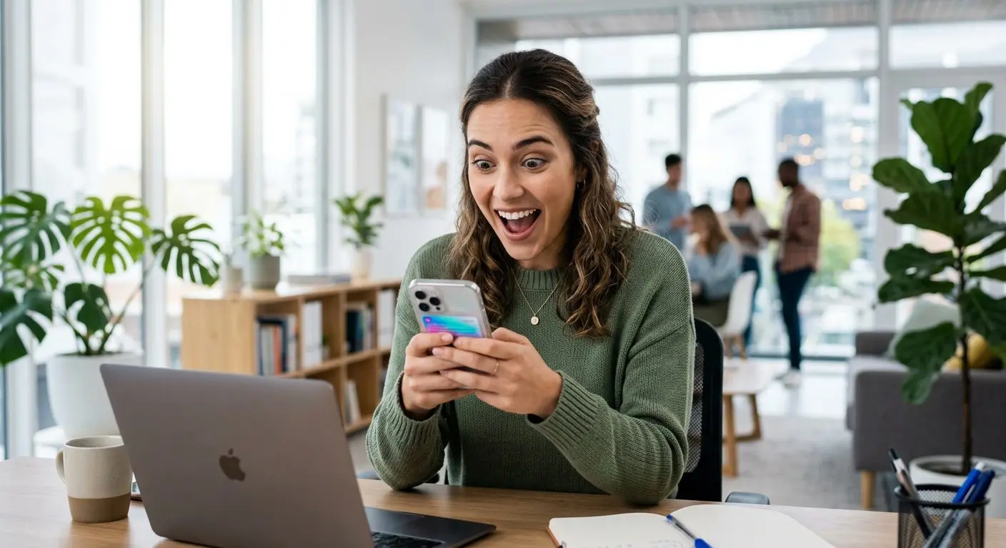 Enthousiaste vrouw bekijkt resultaten op haar telefoon achter een laptop op kantoor