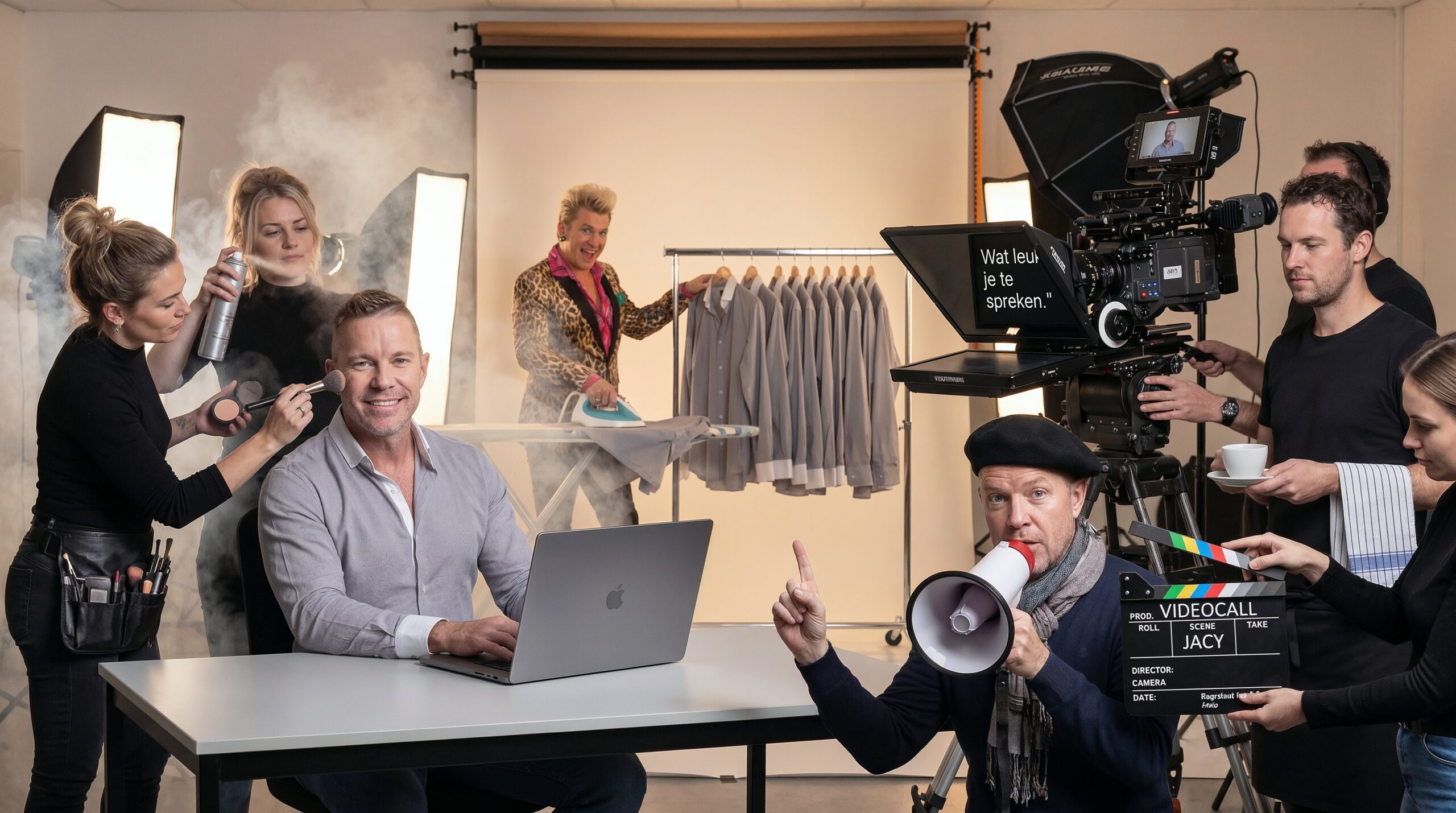Jacy Toetenel zit klaar voor de videocall met een complete filmcrew die hem helpt - knipoog naar het filmen van een videocall