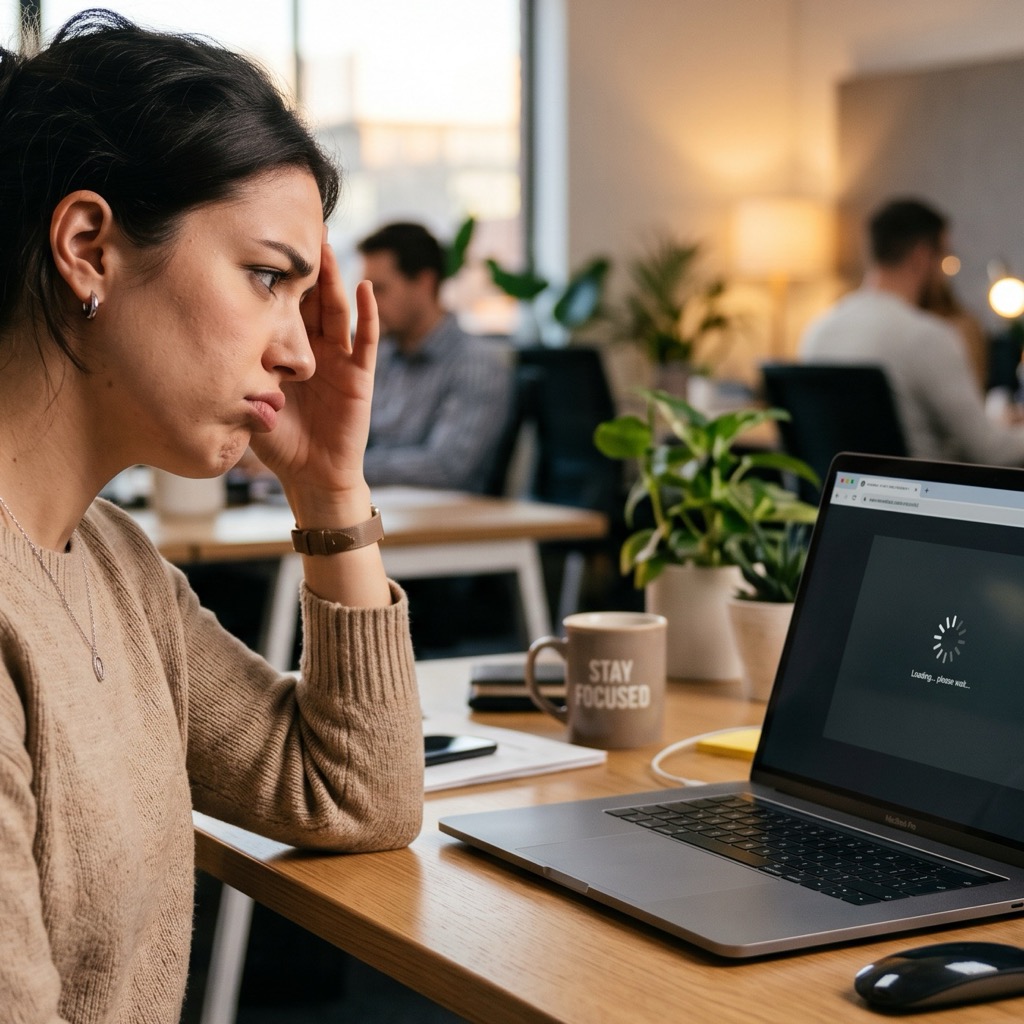 Persoon gefrustreerd door een trage website met laadspinner op het scherm