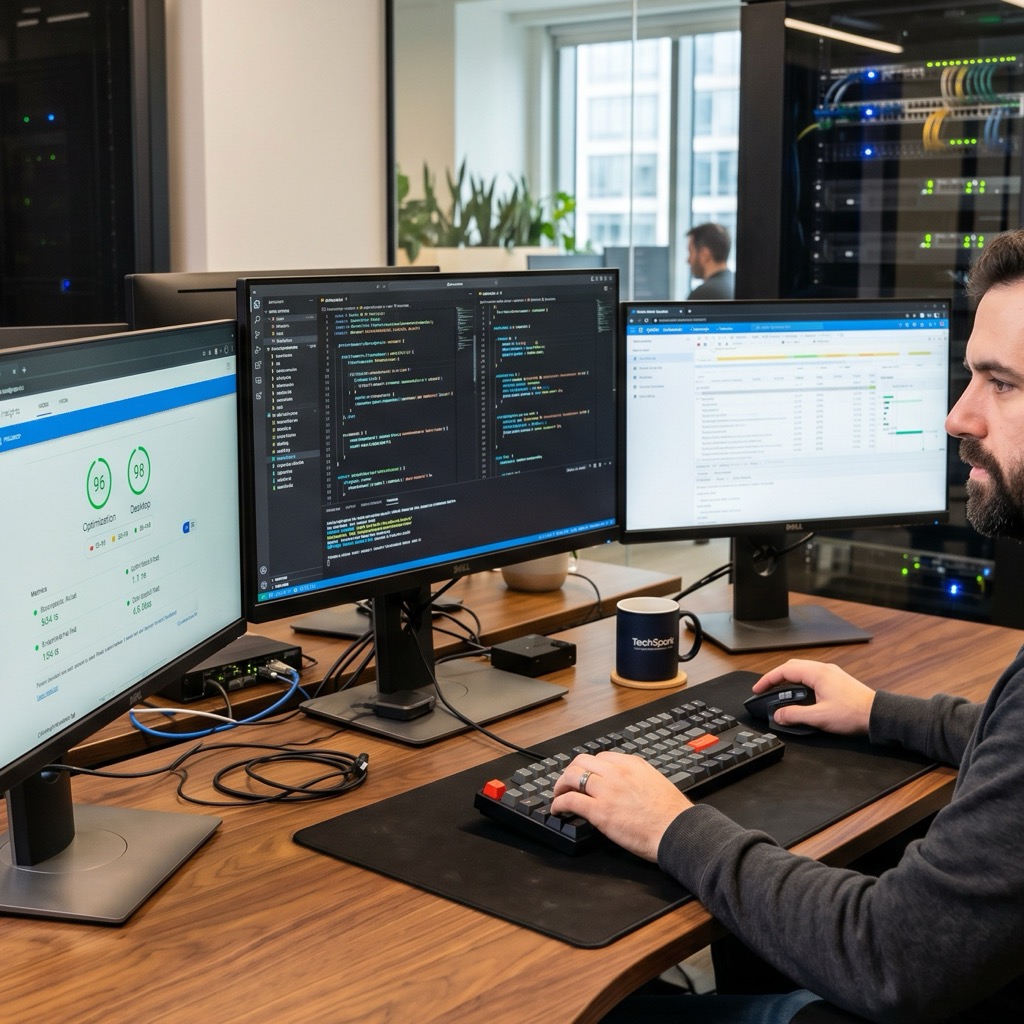 Developer optimaliseert website performance met PageSpeed Insights en serveroptimalisatie