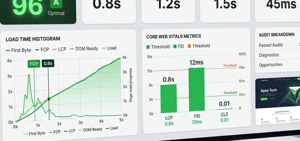Dashboard met Core Web Vitals scores en laadtijd metingen van een website