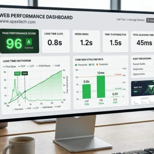 Dashboard met Core Web Vitals scores en laadtijd metingen van een website