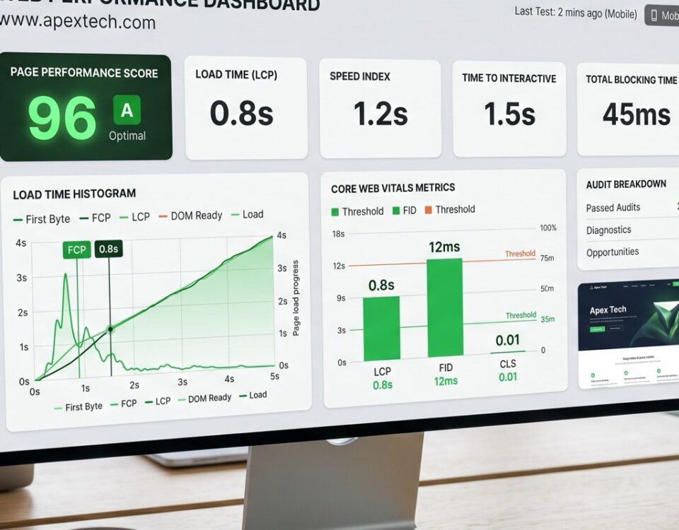 Dashboard met Core Web Vitals scores en laadtijd metingen van een website