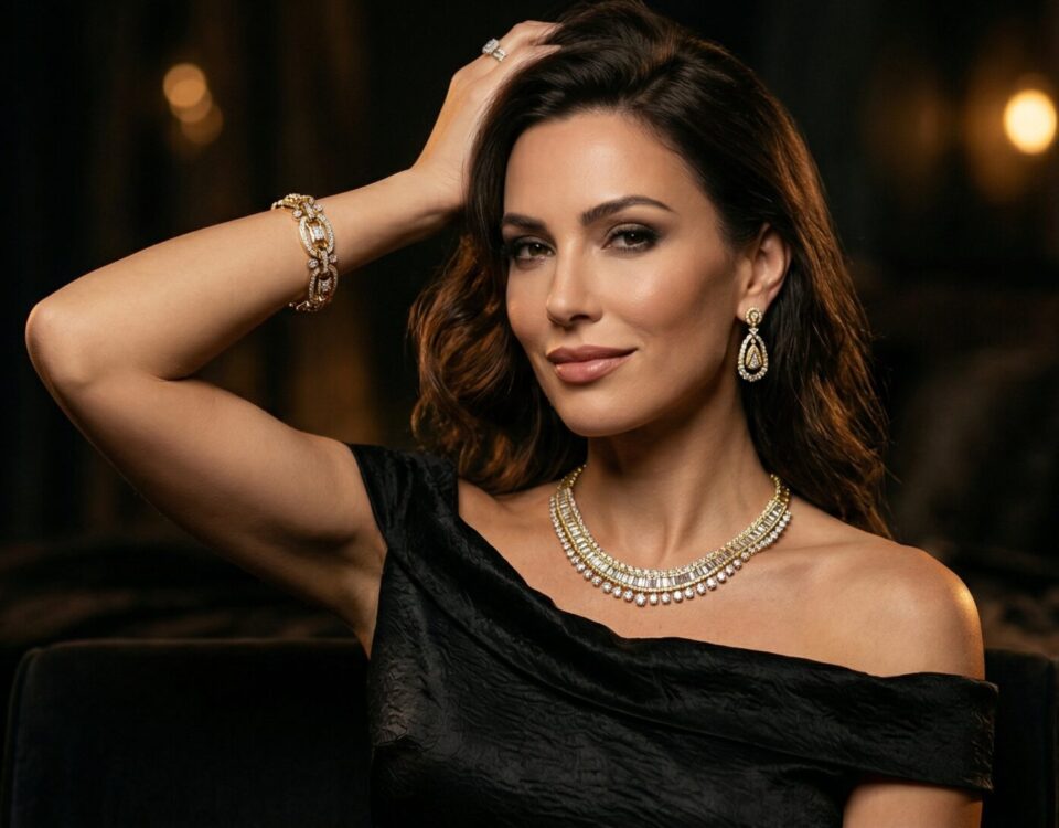 Model met gouden oorbellen en collier van Juwelier de Tuinen