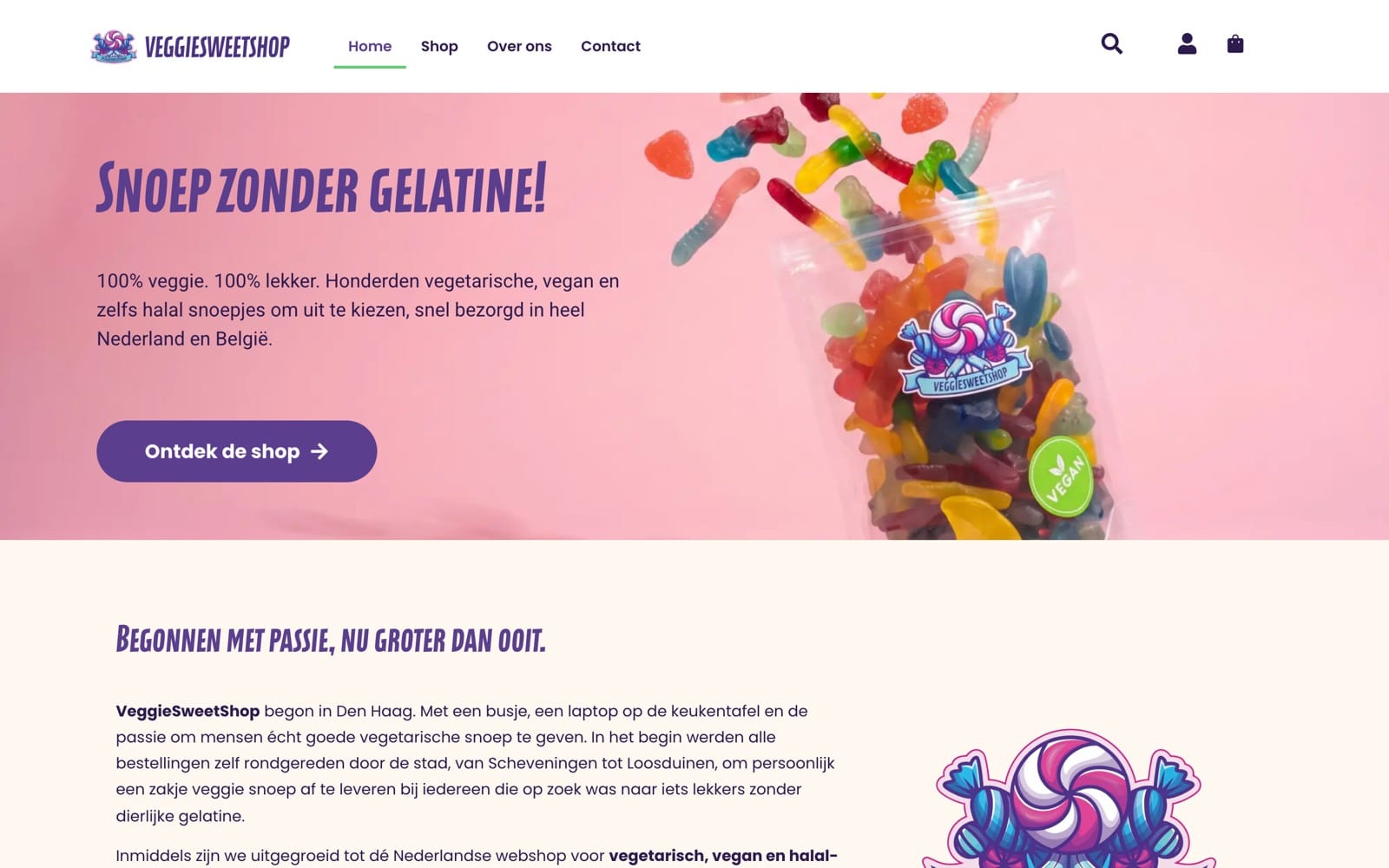 Homepage van de VeggieSweetshop webshop met de slogan Snoep zonder gelatine
