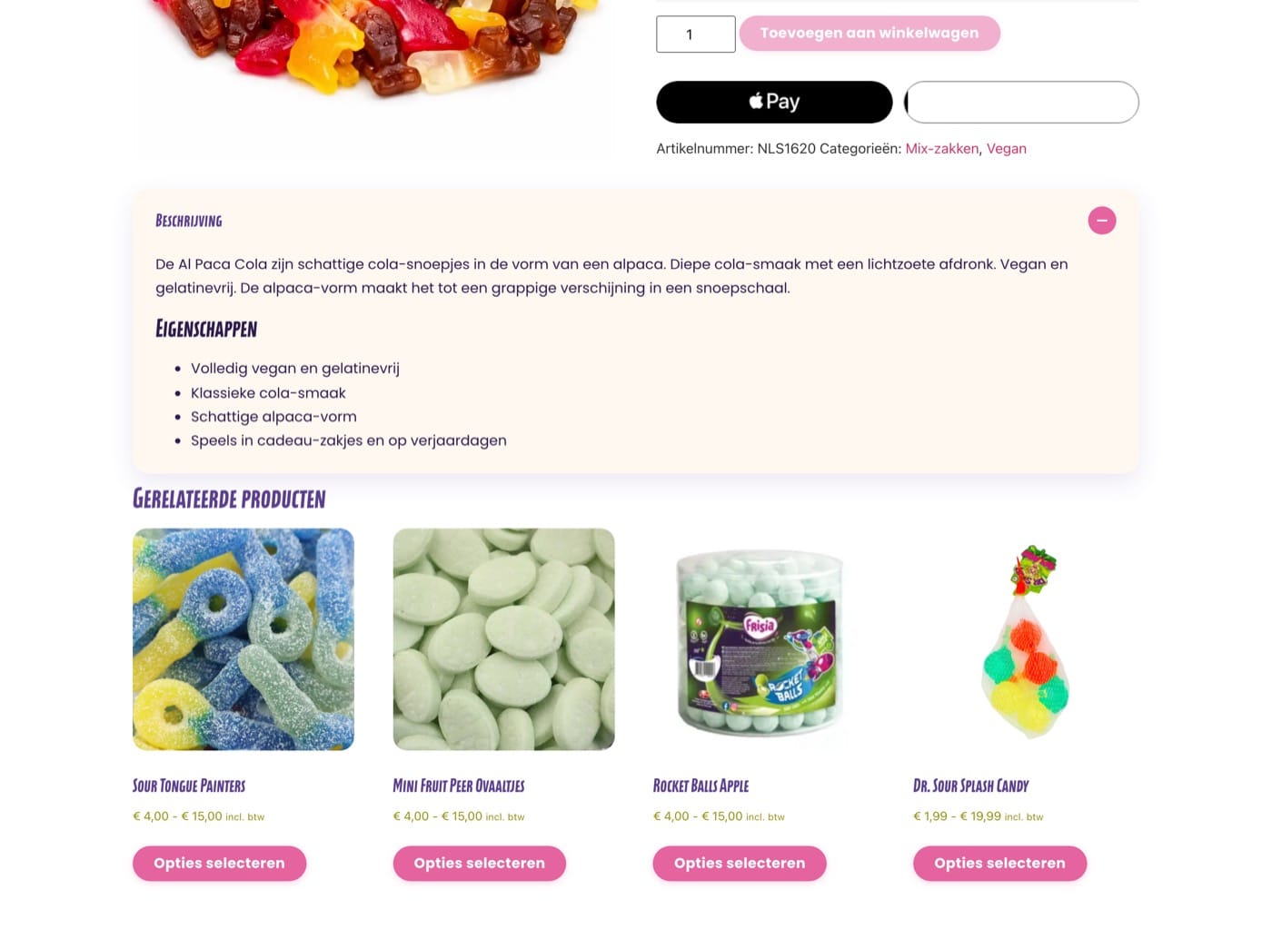 Productpagina met voedingswaarden en allergenen op VeggieSweetshop