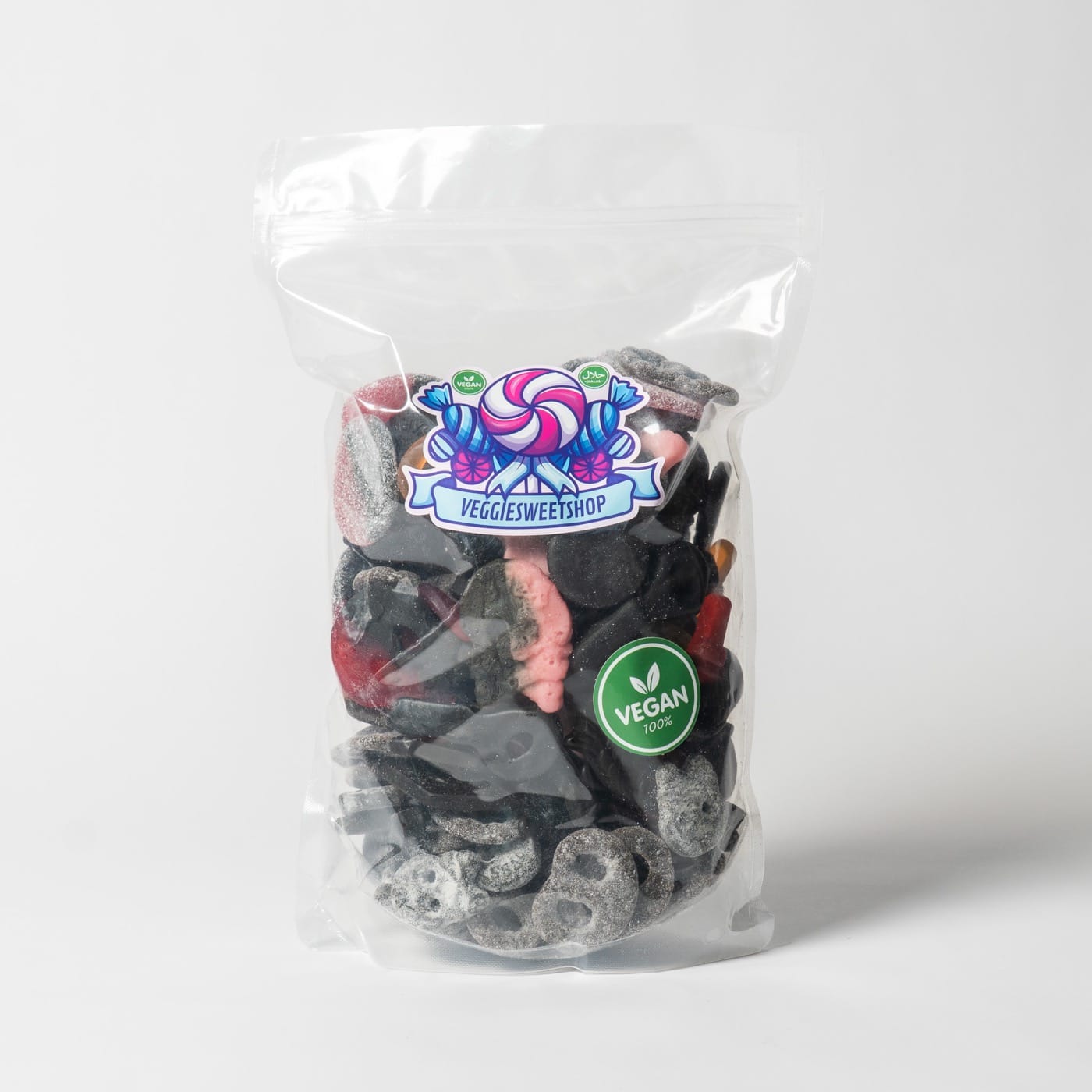 Zak veganistische drop van VeggieSweetshop op witte achtergrond