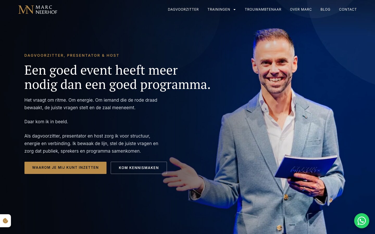 Homepage van de nieuwe website van Marc Neerhof, dagvoorzitter en trouwambtenaar