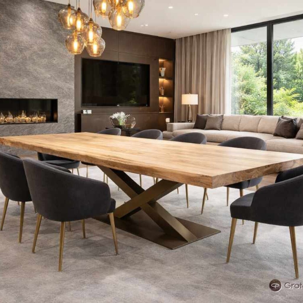 Grote eiken tafel van Grotetafel.nl in een moderne woonkamer met open haard