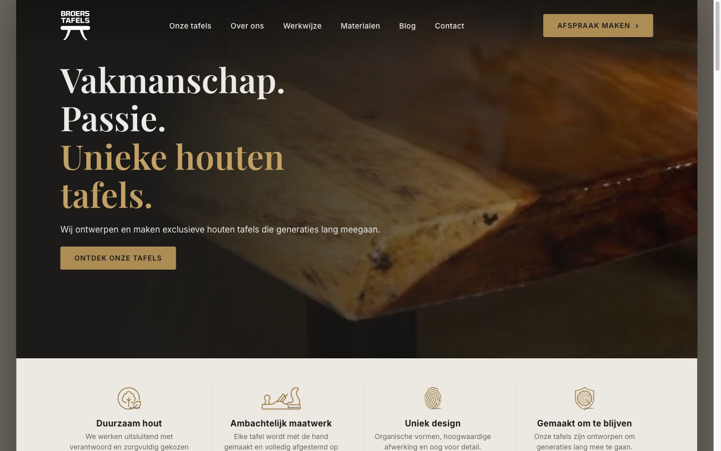 Homepage van de nieuwe website van Broers Tafels met tekst Vakmanschap Passie Unieke houten tafels