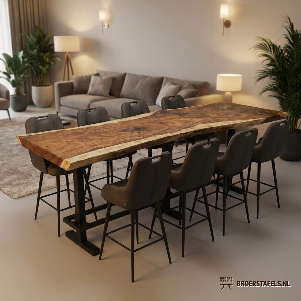 Bartafel van massief Suar hout met blanke epoxy, gemaakt door Broers Tafels
