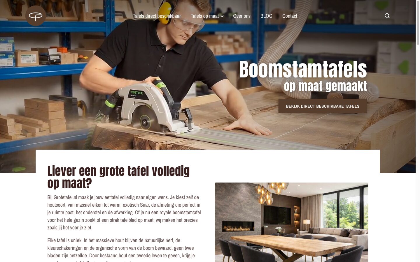 Homepage van Grotetafel.nl met boomstamtafels op maat