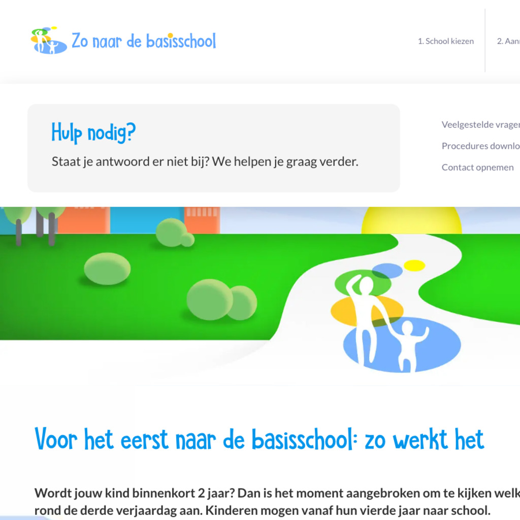 Mega-menu navigatie op de website van basisschool Zonaarde met Hulp nodig paneel