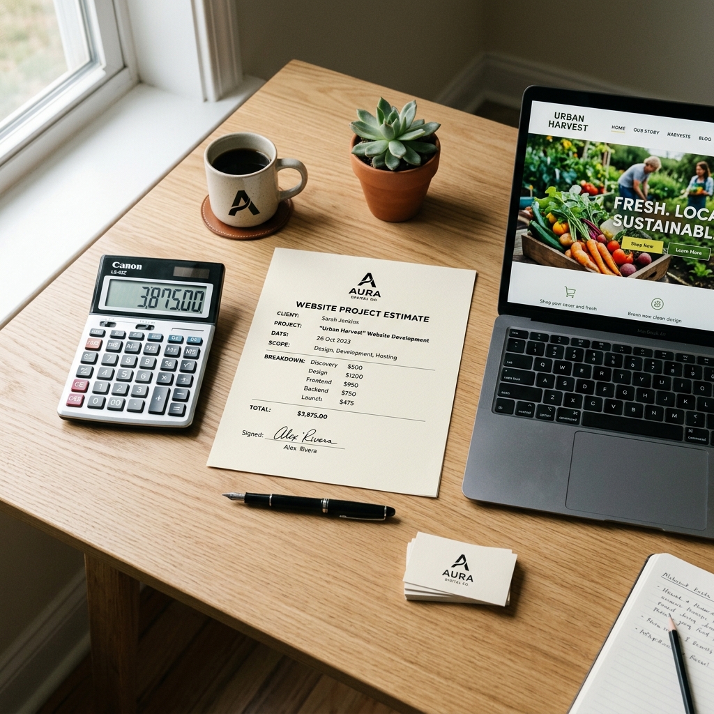 Rekenmachine, geprinte website offerte en laptop met moderne website