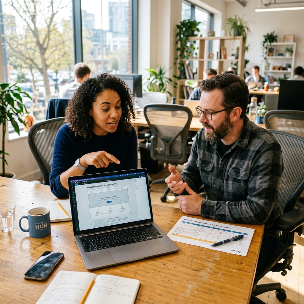 Twee mensen bespreken een website project met laptop en geprinte begroting