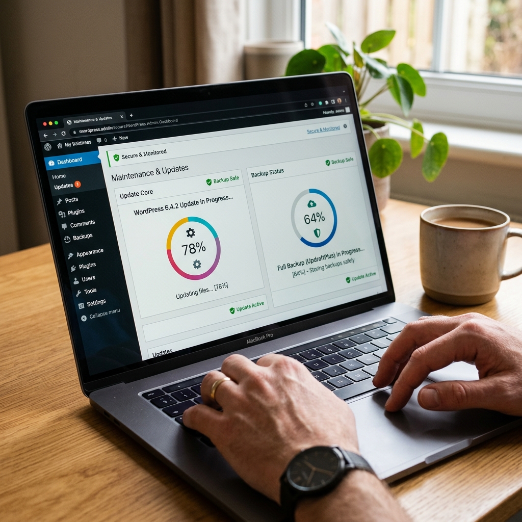 Handen werken een WordPress dashboard bij met back-up en update meters