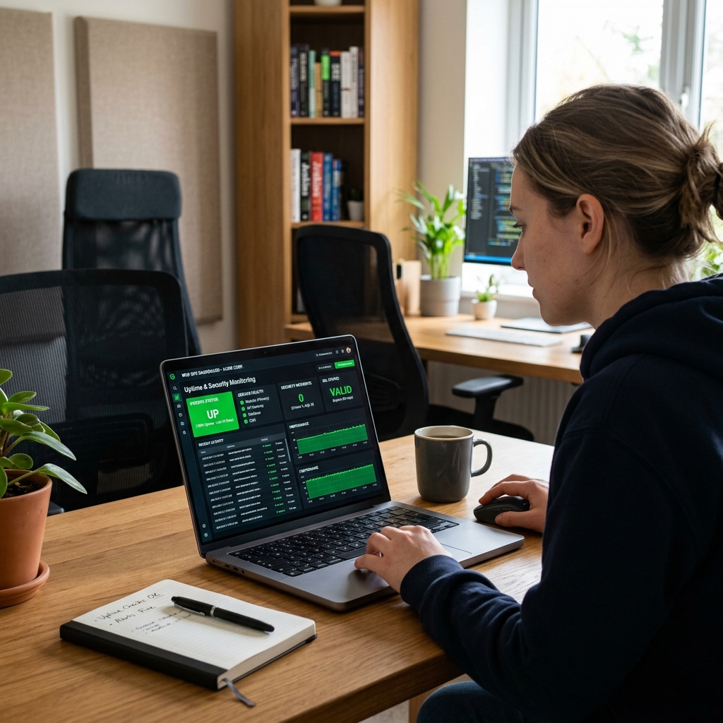 Ontwikkelaar controleert website uptime en beveiliging op een dashboard