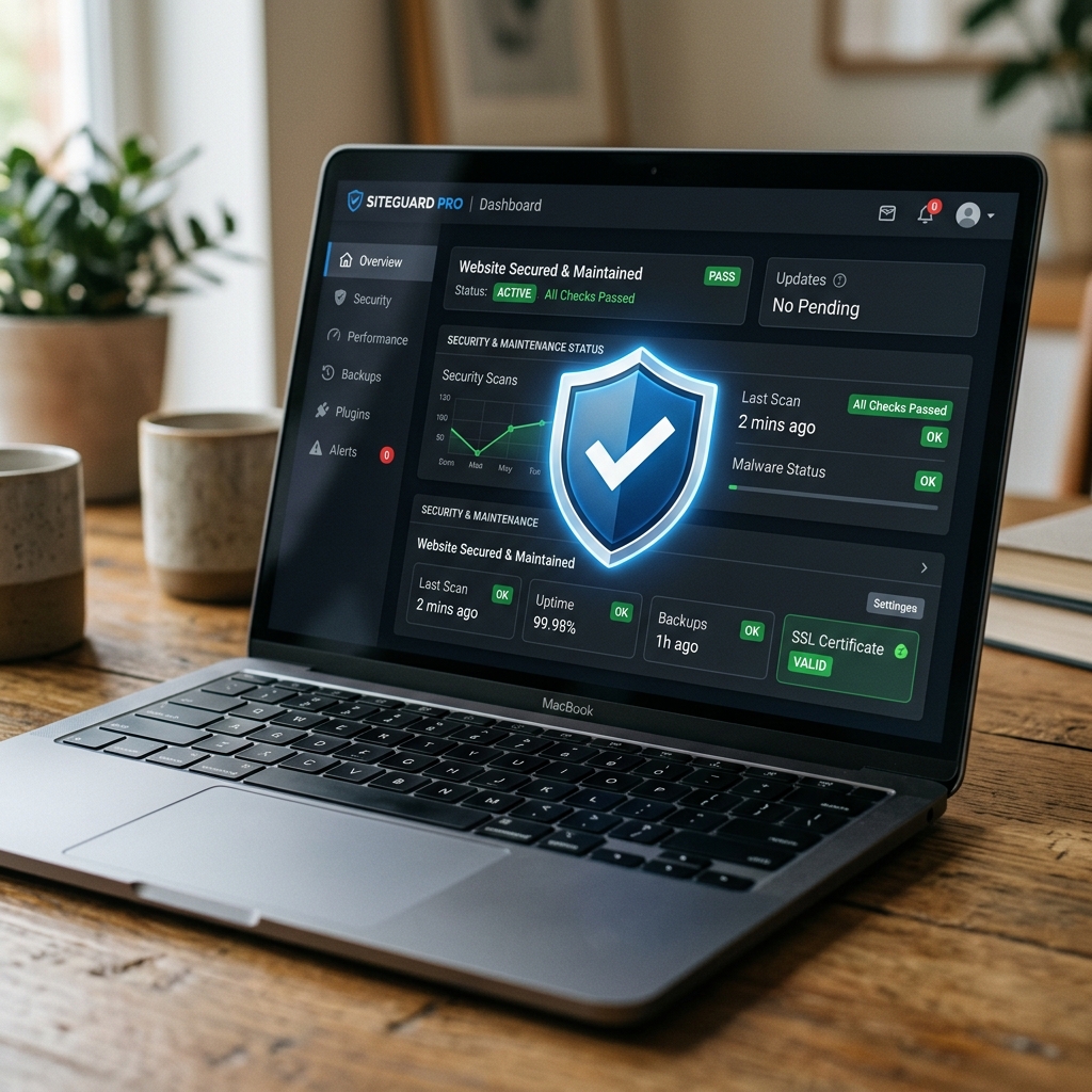 Laptop met schild en vinkje icoon over een website beheer dashboard