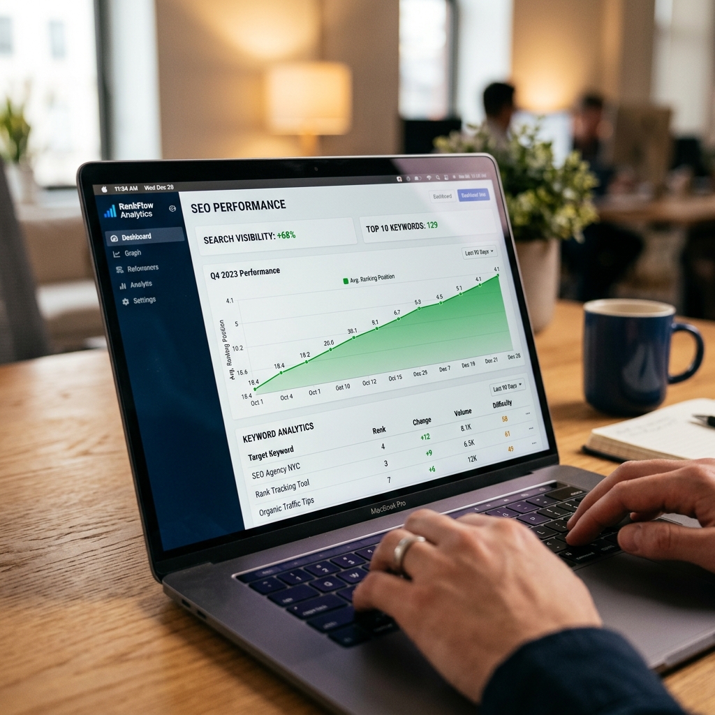 Modern SEO dashboard met stijgende zoekranking grafiek en zoekwoord analyse
