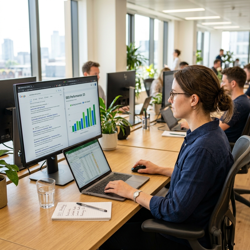 SEO-specialist werkt aan zoekmachine optimalisatie met laptop en ranking grafiek