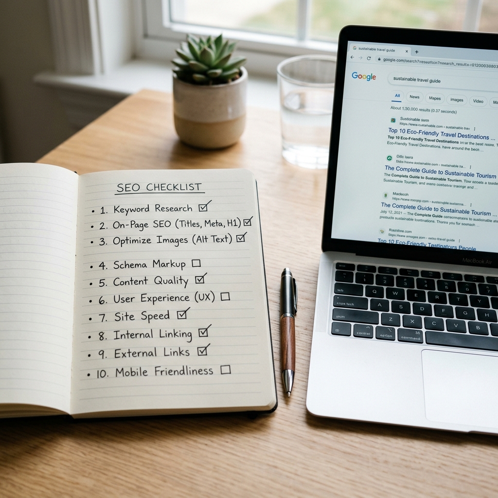 Notitieblok met SEO checklist naast een laptop met zoekresultaten pagina