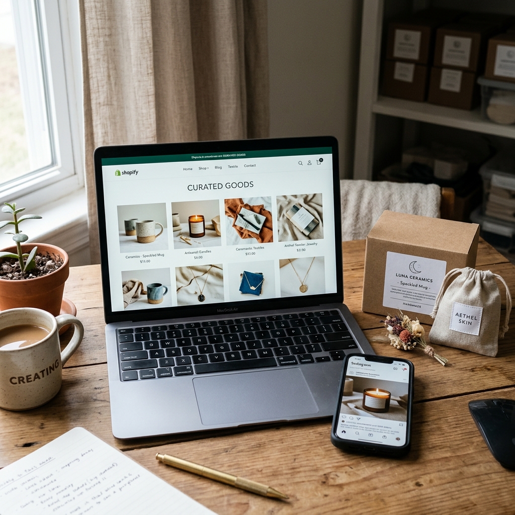 Werkplek van een online winkel met laptop, telefoon en productverpakking