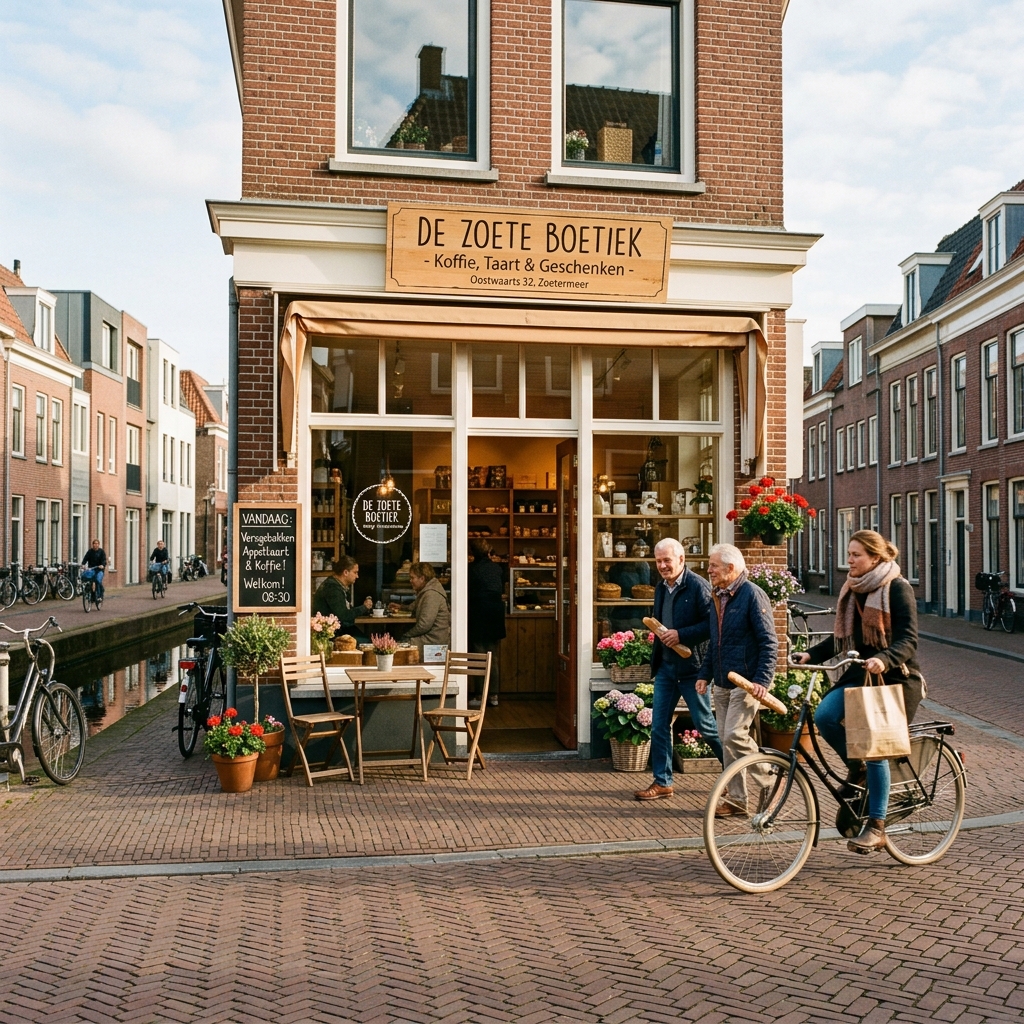 Moderne Nederlandse winkelstraat met uitnodigende etalage in de ochtend