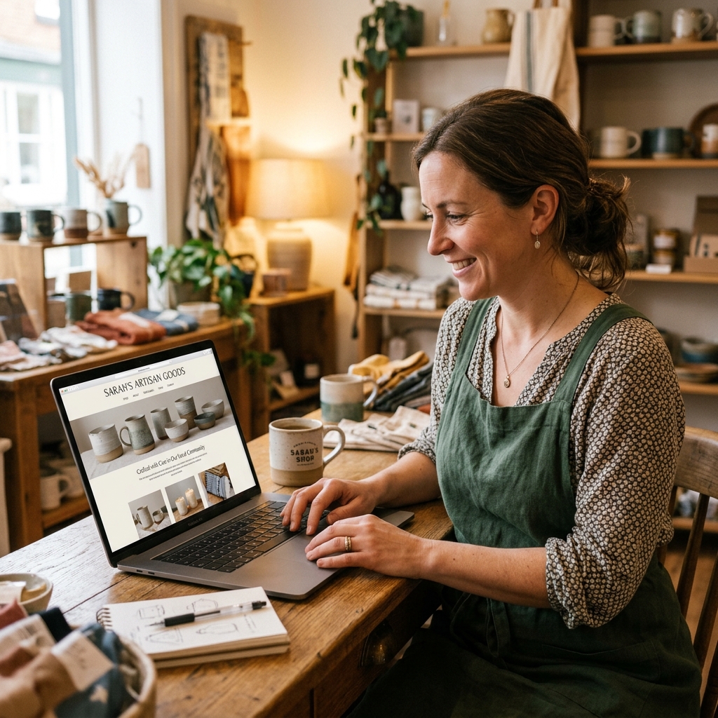 Lokale ondernemer werkt aan de website van zijn winkel met laptop