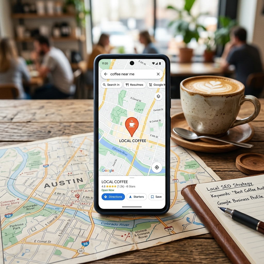 Smartphone met lokale zoekresultaten en kaart pin op houten bureau